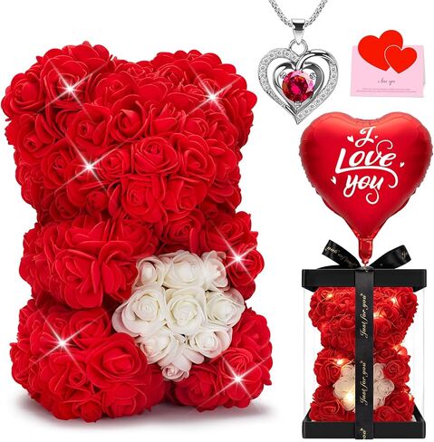 هدايا الدب الوردي من جيوسميل للنساء، دب الزهرة مع قلادة صندوقية وأضواء بطاقة التهنئة بالون، هدايا عيد الحب الرومانسية لزوجتها الأم والصديقة، هدية وديكور لعيد ميلاد الذكرى السنوية in Kuwait