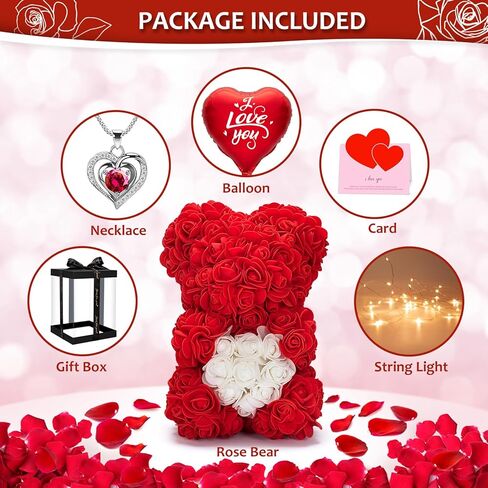 هدايا الدب الوردي من جيوسميل للنساء، دب الزهرة مع قلادة صندوقية وأضواء بطاقة التهنئة بالون، هدايا عيد الحب الرومانسية لزوجتها الأم والصديقة، هدية وديكور لعيد ميلاد الذكرى السنوية in Kuwait