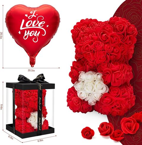 هدايا الدب الوردي من جيوسميل للنساء، دب الزهرة مع قلادة صندوقية وأضواء بطاقة التهنئة بالون، هدايا عيد الحب الرومانسية لزوجتها الأم والصديقة، هدية وديكور لعيد ميلاد الذكرى السنوية in Kuwait