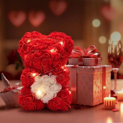 هدايا الدب الوردي من جيوسميل للنساء، دب الزهرة مع قلادة صندوقية وأضواء بطاقة التهنئة بالون، هدايا عيد الحب الرومانسية لزوجتها الأم والصديقة، هدية وديكور لعيد ميلاد الذكرى السنوية in Kuwait