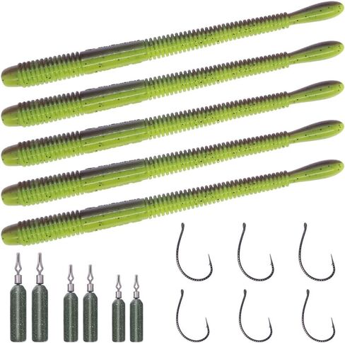 Drop-Shot-Rigs-for-Bass-Fishing-Soft-Plastic-Lures-Worm Fishing Hooks, 4.5 inch Rubber Worms, Wacky Worms, Straight Tail Stick Baits -22 Piece Kit with 10 Bodies, 6 Hooks, 6 Weights in Kuwait
