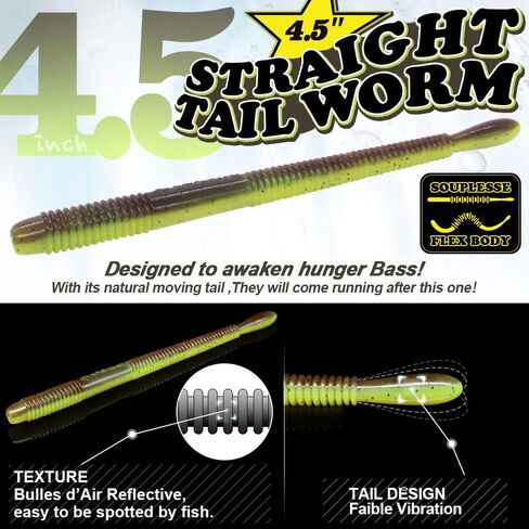 Drop-Shot-Rigs-for-Bass-Fishing-Soft-Plastic-Lures-Worm Fishing Hooks, 4.5 inch Rubber Worms, Wacky Worms, Straight Tail Stick Baits -22 Piece Kit with 10 Bodies, 6 Hooks, 6 Weights in Kuwait
