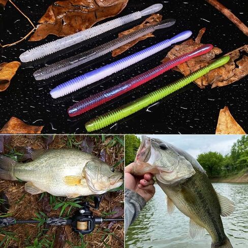 Drop-Shot-Rigs-for-Bass-Fishing-Soft-Plastic-Lures-Worm Fishing Hooks, 4.5 inch Rubber Worms, Wacky Worms, Straight Tail Stick Baits -22 Piece Kit with 10 Bodies, 6 Hooks, 6 Weights in Kuwait