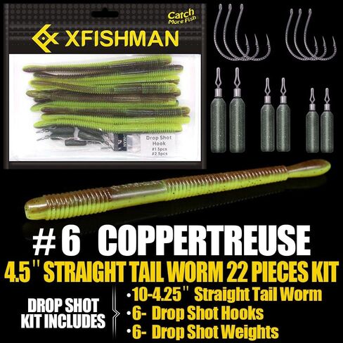 Drop-Shot-Rigs-for-Bass-Fishing-Soft-Plastic-Lures-Worm Fishing Hooks, 4.5 inch Rubber Worms, Wacky Worms, Straight Tail Stick Baits -22 Piece Kit with 10 Bodies, 6 Hooks, 6 Weights in Kuwait
