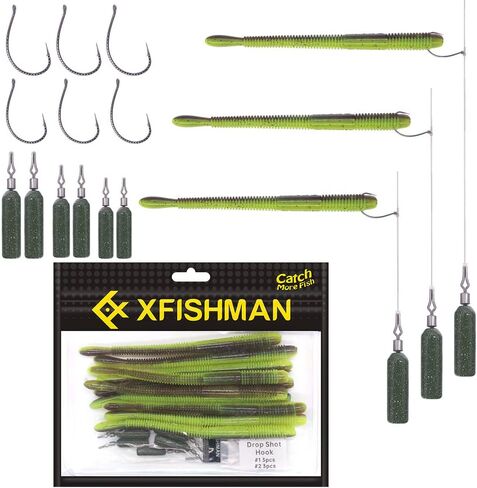 Drop-Shot-Rigs-for-Bass-Fishing-Soft-Plastic-Lures-Worm Fishing Hooks, 4.5 inch Rubber Worms, Wacky Worms, Straight Tail Stick Baits -22 Piece Kit with 10 Bodies, 6 Hooks, 6 Weights in Kuwait