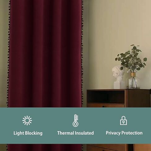 LORDTEX Pom Pom Blackout Curtains for Bedroom - Thermal Insulated Curtains, Sun Light Blocking Rod/Pole Pocket Window Drapes for Living Room, 52 x 84 inch, Silver Grey, Set of 2 Panels in Kuwait