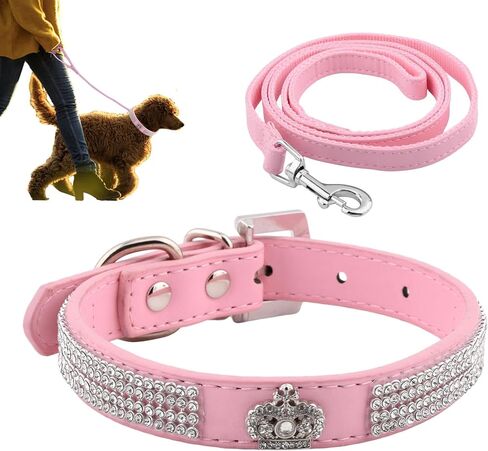 Fawcotu طوق الكلب عاكس النايلون الياقات الكلب الياقات حجر الراين الكلبة للفتيات والفتيان الكلب قابل للتعديل جلد الغزال طوق SOFE مع المقود (M الوردي) in Kuwait