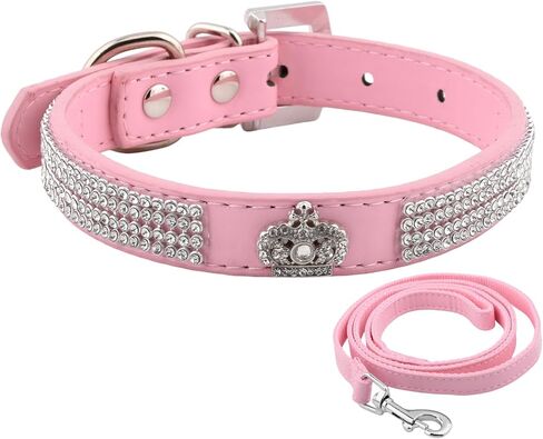 Fawcotu طوق الكلب عاكس النايلون الياقات الكلب الياقات حجر الراين الكلبة للفتيات والفتيان الكلب قابل للتعديل جلد الغزال طوق SOFE مع المقود (M الوردي) in Kuwait