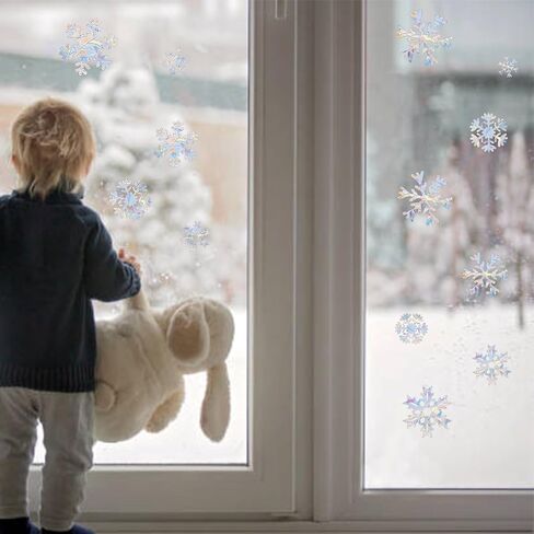 64 قطعة من ملصقات النوافذ على شكل ندفة الثلج بألوان قوس قزح غير لاصقة قابلة لاعادة الاستخدام، ملصقات نافذة بتصميم ندفة الثلج في الشتاء، ملصقات نافذة مضادة للتصادم لإنقاذ الطيور من تصادم النوافذ in Kuwait