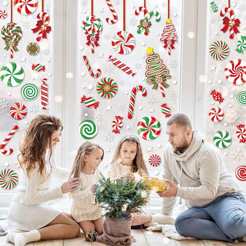 AnyDesign 9 Sheet Christmas Window Clings Candy Cane Lollipop Peppermint Window Decals Double-Sided Merry Christmas Window Decor for Xmas Home School Office Decoration Candyland Party Supplies in Saudi Arabia