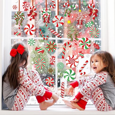 AnyDesign 9 Sheet Christmas Window Clings Candy Cane Lollipop Peppermint Window Decals Double-Sided Merry Christmas Window Decor for Xmas Home School Office Decoration Candyland Party Supplies in Saudi Arabia