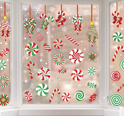 AnyDesign 9 Sheet Christmas Window Clings Candy Cane Lollipop Peppermint Window Decals Double-Sided Merry Christmas Window Decor for Xmas Home School Office Decoration Candyland Party Supplies in Saudi Arabia