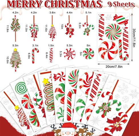 AnyDesign 9 Sheet Christmas Window Clings Candy Cane Lollipop Peppermint Window Decals Double-Sided Merry Christmas Window Decor for Xmas Home School Office Decoration Candyland Party Supplies in Saudi Arabia