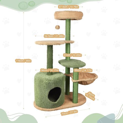Liaakrr Cactus Cat Tree, 46" Cat Tower for Indoor Cats, Cat Tree Tower Sisal Covered Scratching Posts, Comfy Condos, Plush Perches and Hammock for Small- to Large-Sized Cats in Kuwait