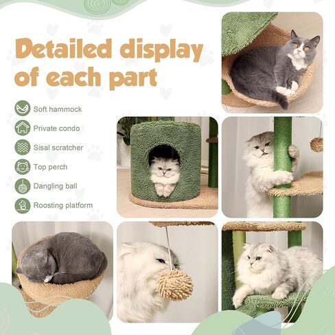 Liaakrr Cactus Cat Tree, 46" Cat Tower for Indoor Cats, Cat Tree Tower Sisal Covered Scratching Posts, Comfy Condos, Plush Perches and Hammock for Small- to Large-Sized Cats in Kuwait