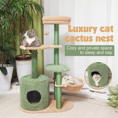 Liaakrr Cactus Cat Tree, 46" Cat Tower for Indoor Cats, Cat Tree Tower Sisal Covered Scratching Posts, Comfy Condos, Plush Perches and Hammock for Small- to Large-Sized Cats in Kuwait
