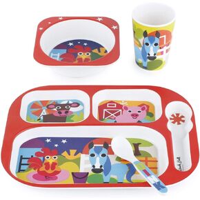 French Bull 4pc Toddler Kids Feeding Melamine Tableware Flatware BPA Free Dishwasher Safe, Durable Plate, Cup, bowl, Divided Tray Dinnerware Set, Farm