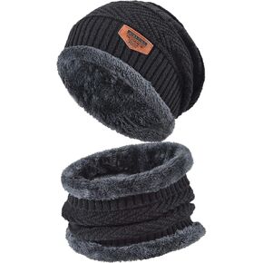 Beanie Hat Scarf Set Mens Fleece Lined Winter Slouchy Knit Beanie Hat for Mens Ski Beanie Stocking Cap Hat
