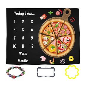 LYLYCTY Baby Monthly Milestone Blanket for 1 to 12 Months Baby, Pizza Black Background for Baby Pictures Personalized, Includes Wreath and Frame 60"x40" BTLSLY128