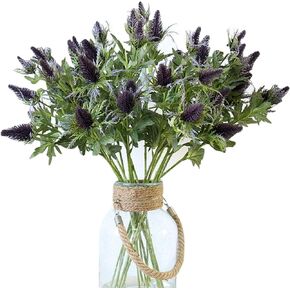 LebriTamFa Artificial Flowers Artificial Thistle Spray Eryngo Fake Eryngium Foetidum Simulation Sea Holly for Wedding Bouquet Centerpiece Home Decor (Purple Gray, 3)
