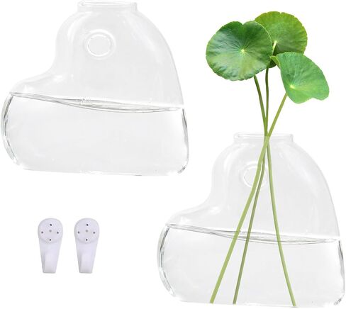 2 PCS Clear Glass Wall Vase with Traceless Nail, Heart Shape Wall Flower Vase Wall Hanging Vase Bottle for Plant Flower Decor Arrangement for Bedroom Kitchen Living Room Office, 5.3" x 2" x 5.3" in Saudi Arabia