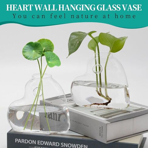 2 PCS Clear Glass Wall Vase with Traceless Nail, Heart Shape Wall Flower Vase Wall Hanging Vase Bottle for Plant Flower Decor Arrangement for Bedroom Kitchen Living Room Office, 5.3" x 2" x 5.3" in Saudi Arabia