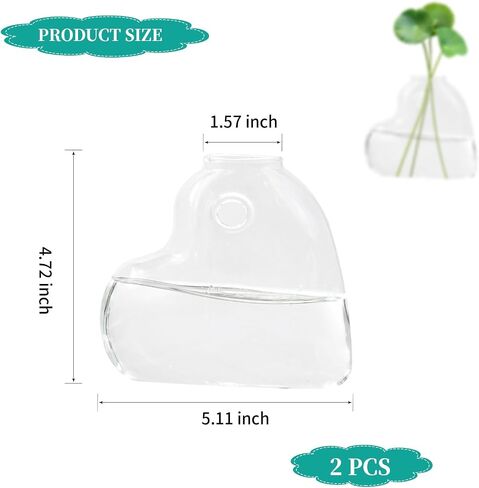 2 PCS Clear Glass Wall Vase with Traceless Nail, Heart Shape Wall Flower Vase Wall Hanging Vase Bottle for Plant Flower Decor Arrangement for Bedroom Kitchen Living Room Office, 5.3" x 2" x 5.3" in Saudi Arabia