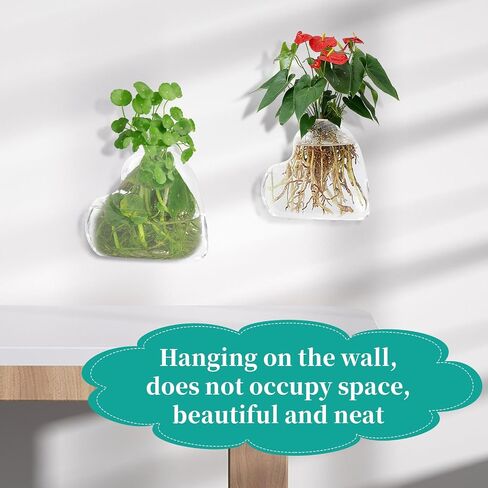 2 PCS Clear Glass Wall Vase with Traceless Nail, Heart Shape Wall Flower Vase Wall Hanging Vase Bottle for Plant Flower Decor Arrangement for Bedroom Kitchen Living Room Office, 5.3" x 2" x 5.3" in Saudi Arabia