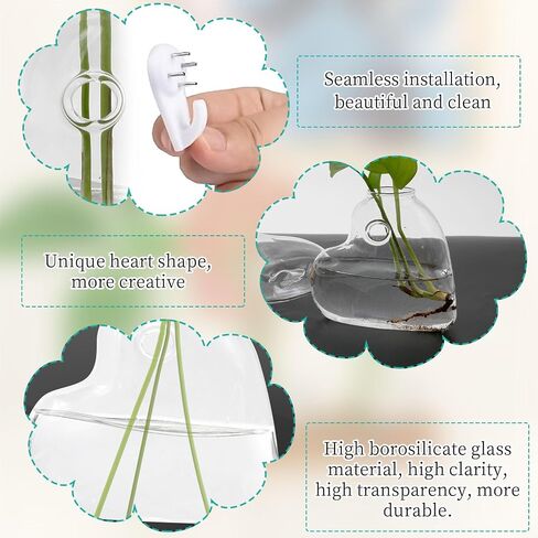 2 PCS Clear Glass Wall Vase with Traceless Nail, Heart Shape Wall Flower Vase Wall Hanging Vase Bottle for Plant Flower Decor Arrangement for Bedroom Kitchen Living Room Office, 5.3" x 2" x 5.3" in Saudi Arabia