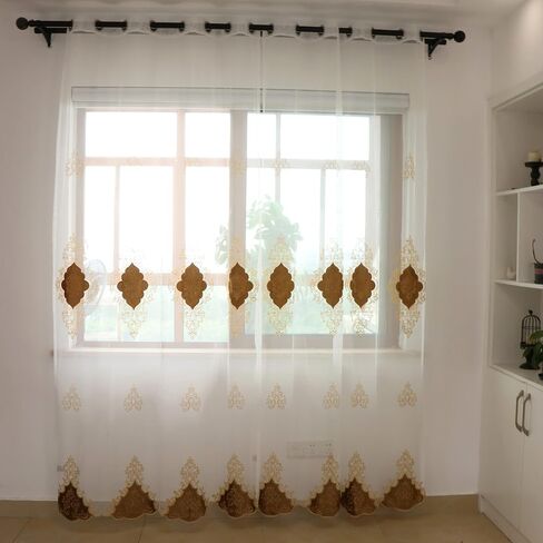SLOW SOUL 2 Panels European Luxury Curtains Velvet Embroidered Tulle for Living Room Kitchen Bedroom Sheer Curtain with Grommet Coffee 50W X 63L inch in Kuwait
