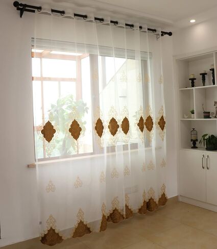 SLOW SOUL 2 Panels European Luxury Curtains Velvet Embroidered Tulle for Living Room Kitchen Bedroom Sheer Curtain with Grommet Coffee 50W X 63L inch in Kuwait