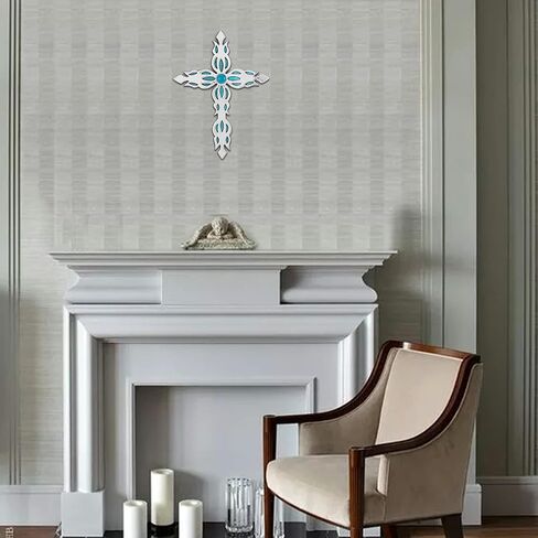 ديكور حائط عائلي كبير لديكور المنزل - ديكور حائط متقاطع معدني ديني، الافضل للمنزل وكهدية - فضي وازرق مع لمسة نهائية من الزجاج LED in Kuwait