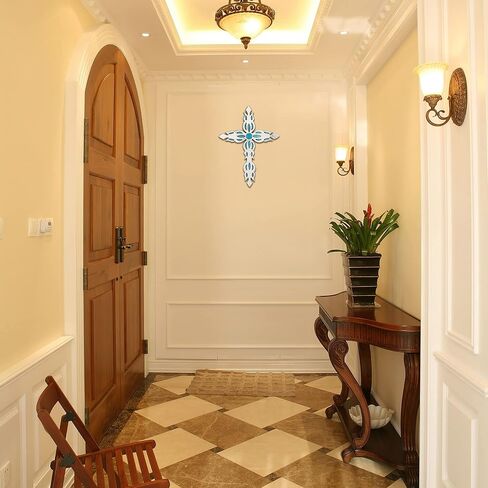 ديكور حائط عائلي كبير لديكور المنزل - ديكور حائط متقاطع معدني ديني، الافضل للمنزل وكهدية - فضي وازرق مع لمسة نهائية من الزجاج LED in Kuwait