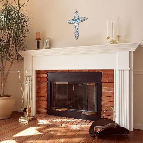 ديكور حائط عائلي كبير لديكور المنزل - ديكور حائط متقاطع معدني ديني، الافضل للمنزل وكهدية - فضي وازرق مع لمسة نهائية من الزجاج LED in Kuwait