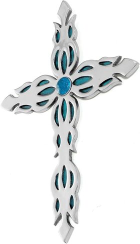 ديكور حائط عائلي كبير لديكور المنزل - ديكور حائط متقاطع معدني ديني، الافضل للمنزل وكهدية - فضي وازرق مع لمسة نهائية من الزجاج LED in Kuwait