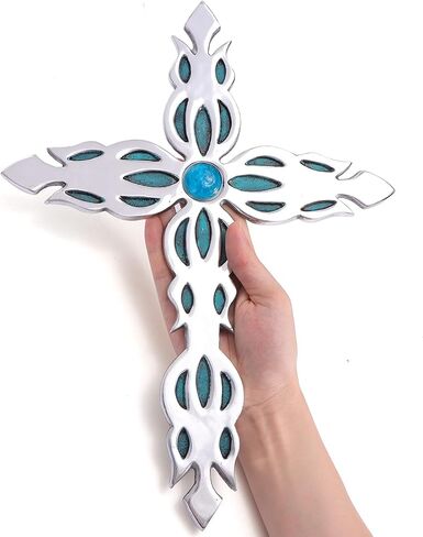 ديكور حائط عائلي كبير لديكور المنزل - ديكور حائط متقاطع معدني ديني، الافضل للمنزل وكهدية - فضي وازرق مع لمسة نهائية من الزجاج LED in Kuwait