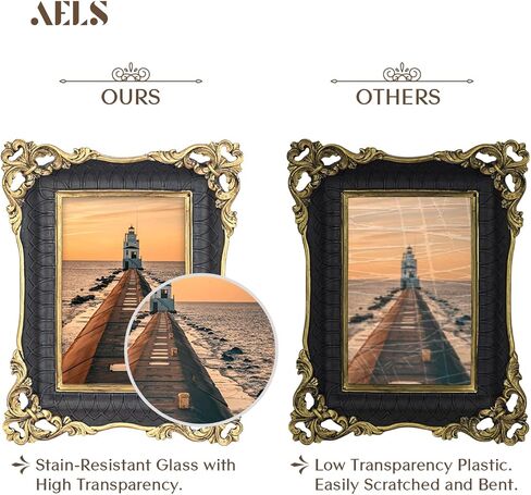 إطار صورة أسود عتيق مقاس 5x7 بوصة من AELS، إطارات صور عتيقة أنيقة مع واجهة زجاجية، عرض للصور، تعليق على الحائط على سطح الطاولة، ديكور منزلي، زاوية مجوفة باروكية in Kuwait
