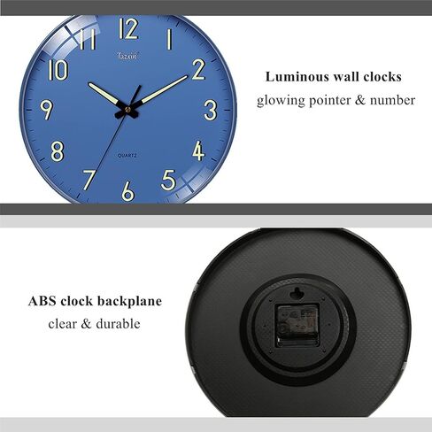 Night Light Slient Non Ticking 12 Inch Quartz Battery Operated Round Luminous Function Numbers and Hands Decorative Wall Clock for Kitchen,Blue in Saudi Arabia