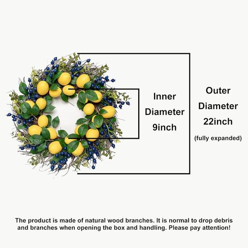 وانجلاب اكليل ليمون صيفي صناعي مقاس 22 انش مع اوراق خضراء لديكور الحائط والباب الامامي والمنزل والعطلات والمزرعة in Kuwait