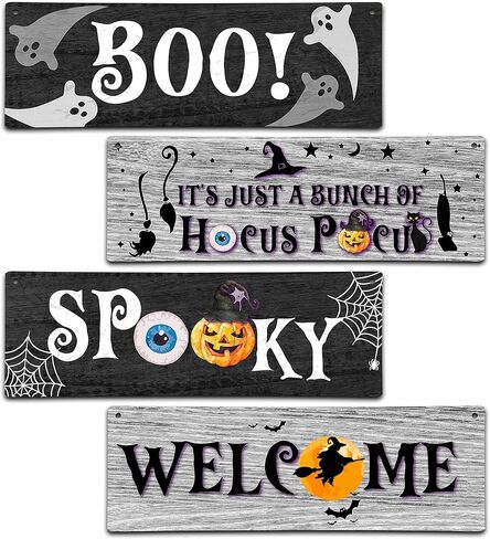 4 Pieces Halloween Decor Kids Room Wall Decor Wooden Sign, 11.8"x3.9" Horror Witches Halloween Decorations for Front Door Sign, Spooky Boo Wall Art For Kids Room Nursery Playroom Classroom -A02 in Kuwait