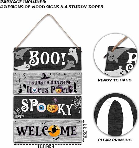 4 Pieces Halloween Decor Kids Room Wall Decor Wooden Sign, 11.8"x3.9" Horror Witches Halloween Decorations for Front Door Sign, Spooky Boo Wall Art For Kids Room Nursery Playroom Classroom -A02 in Kuwait