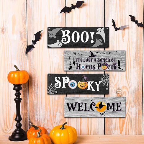 4 Pieces Halloween Decor Kids Room Wall Decor Wooden Sign, 11.8"x3.9" Horror Witches Halloween Decorations for Front Door Sign, Spooky Boo Wall Art For Kids Room Nursery Playroom Classroom -A02 in Kuwait