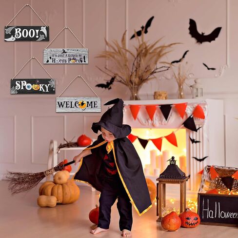 4 Pieces Halloween Decor Kids Room Wall Decor Wooden Sign, 11.8"x3.9" Horror Witches Halloween Decorations for Front Door Sign, Spooky Boo Wall Art For Kids Room Nursery Playroom Classroom -A02 in Kuwait