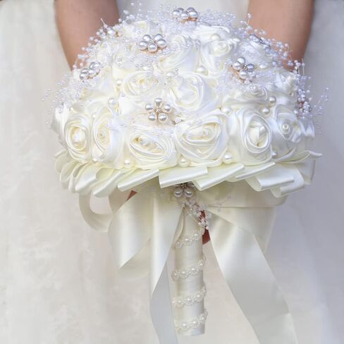 Blush Pink and Ivory Bridal Wedding Bouquet with Gold Brooch Bling Rhinestone Bouquet for Bride Bridesmaid Quinceanera Satin Dusty Rose Flower Bouquet Wedding Blush Pink and Ivory 8.7in in Kuwait