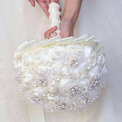 Blush Pink and Ivory Bridal Wedding Bouquet with Gold Brooch Bling Rhinestone Bouquet for Bride Bridesmaid Quinceanera Satin Dusty Rose Flower Bouquet Wedding Blush Pink and Ivory 8.7in in Kuwait