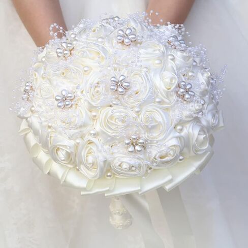 Blush Pink and Ivory Bridal Wedding Bouquet with Gold Brooch Bling Rhinestone Bouquet for Bride Bridesmaid Quinceanera Satin Dusty Rose Flower Bouquet Wedding Blush Pink and Ivory 8.7in in Kuwait