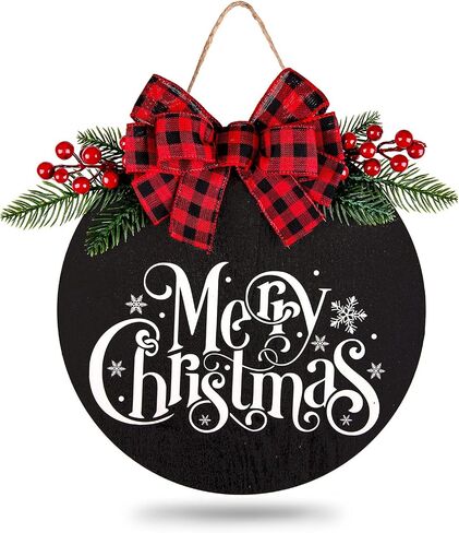Whaline Merry Christmas Wooden Hanging Sign Door Decoration Wreath Buffalo Plaid Bow Welcome Sign for Home Indoor Outdoor Wall Window in Saudi Arabia