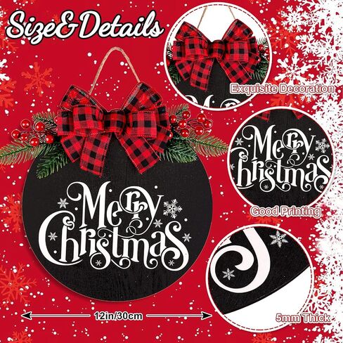 Whaline Merry Christmas Wooden Hanging Sign Door Decoration Wreath Buffalo Plaid Bow Welcome Sign for Home Indoor Outdoor Wall Window in Saudi Arabia