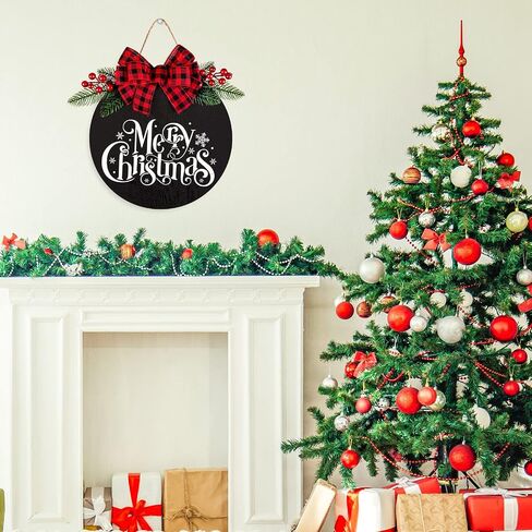 Whaline Merry Christmas Wooden Hanging Sign Door Decoration Wreath Buffalo Plaid Bow Welcome Sign for Home Indoor Outdoor Wall Window in Saudi Arabia