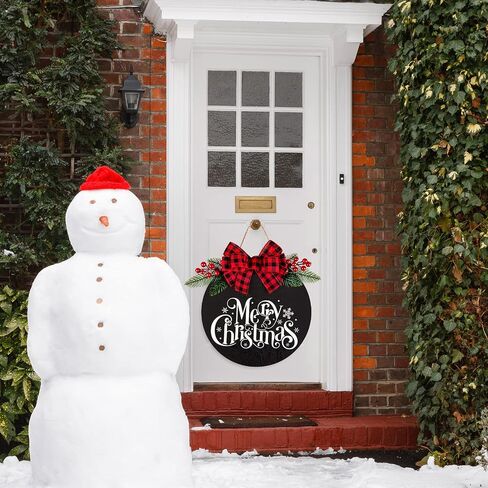 Whaline Merry Christmas Wooden Hanging Sign Door Decoration Wreath Buffalo Plaid Bow Welcome Sign for Home Indoor Outdoor Wall Window in Saudi Arabia